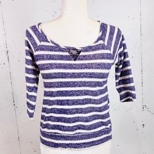 Wet Seal Small Striped Terry Sweater Purple. Lace neck detail. 3/4 sleeves